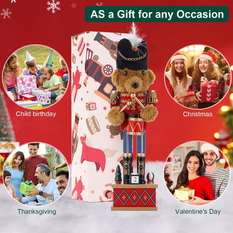 BXO Store Christmas Decorations Nutcracker Figures,11 inch Wooden Nutcracker Premium Plush Bear Drummer Ornaments,Festive Collectible Christmas Nutcracker Figures Party Tabletop Thanksgiving Decor(Bear Drummer) - Image 4